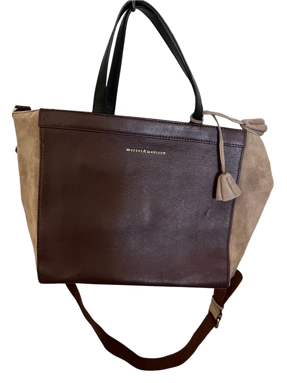 mercer & madison Brown and Tan Leather & Suede Crossbody Tote, approx 17”x10”.4.